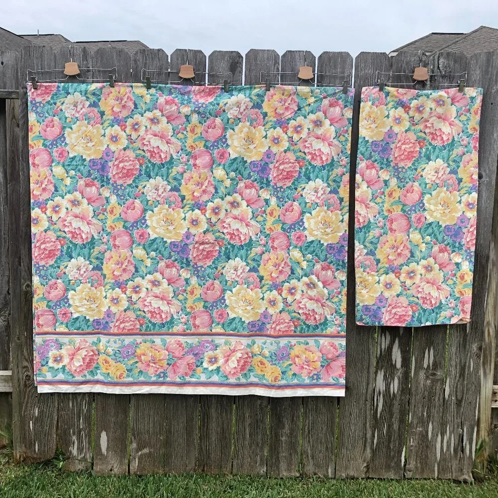 Vintage Cannon Floral Flat Sheet w/ Pillowcase Floral Print Border Made in USA